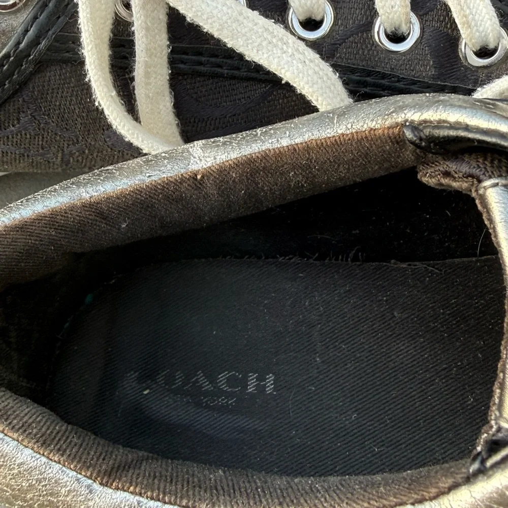 Coach Francesca lace-up sneakers in black metallic silver/pewter trim‎ 9.5